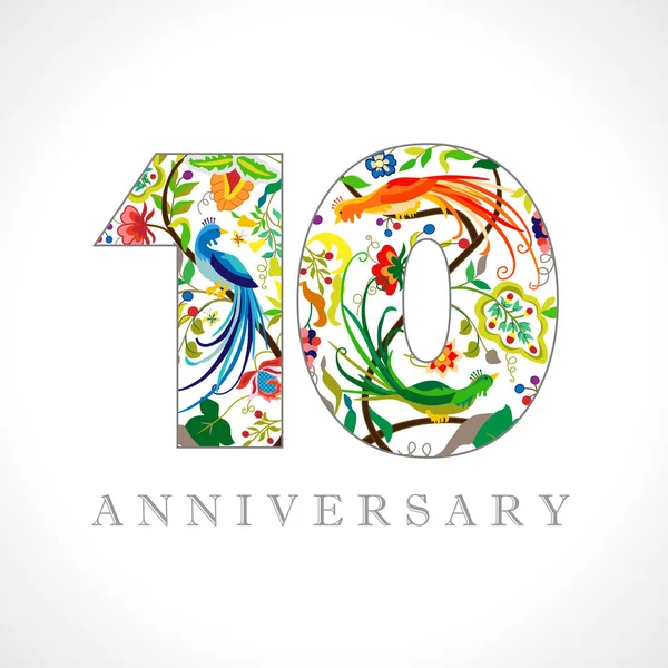 10歳のロゴタイプ 10周年記念ナンバー 装飾的なシンボル クジャクの鳥と年齢おめでとう 分離された抽象グラフィックデザインテンプレート ロイヤルカラーの数字 最大10 — ストックベクタ