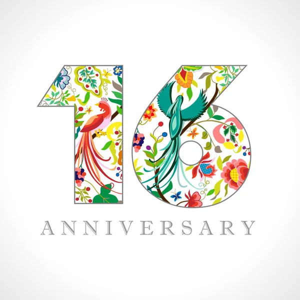 岁徽标 16周年纪念日数字 装饰符号 与孔雀鸟的年龄祝贺 独立抽象图形设计模板 皇家彩色数字 的折扣 — 图库矢量图片