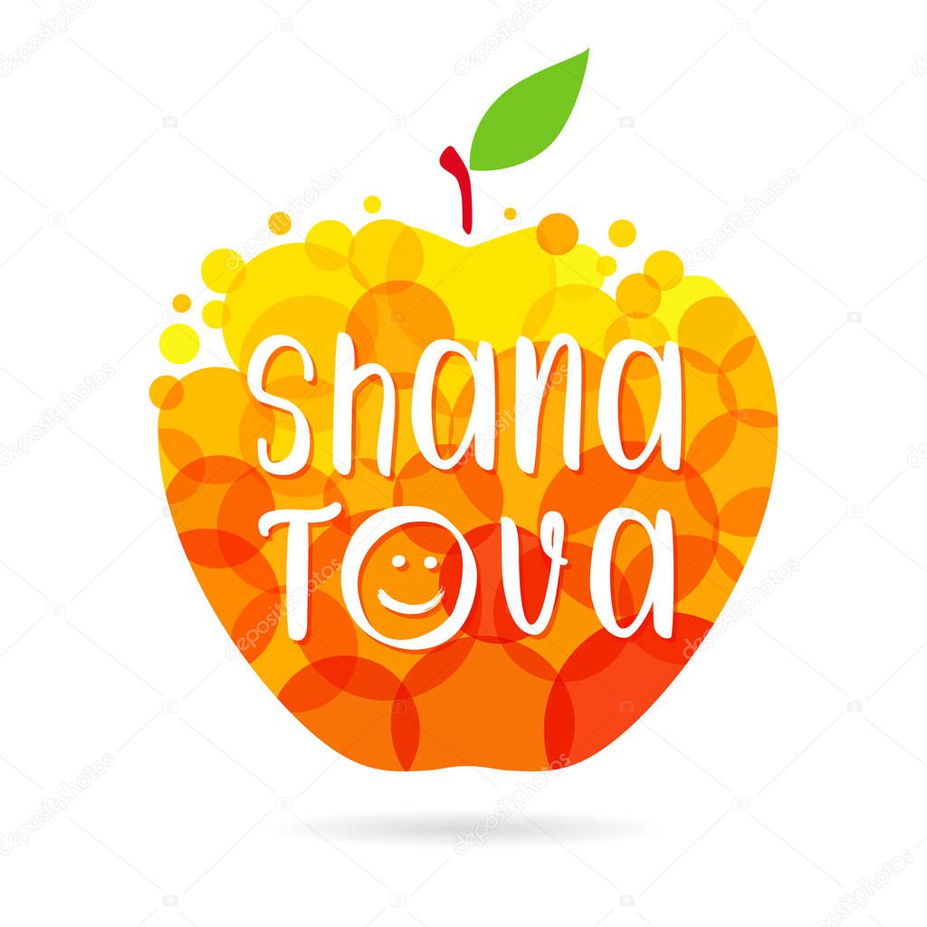 Happy jewish new year congrats. Shana tova text. Abstract isolated graphic design template. Meal and fruit elements. Honey apple with bubbles and inscription. Celebrating conratulating decorative sign.