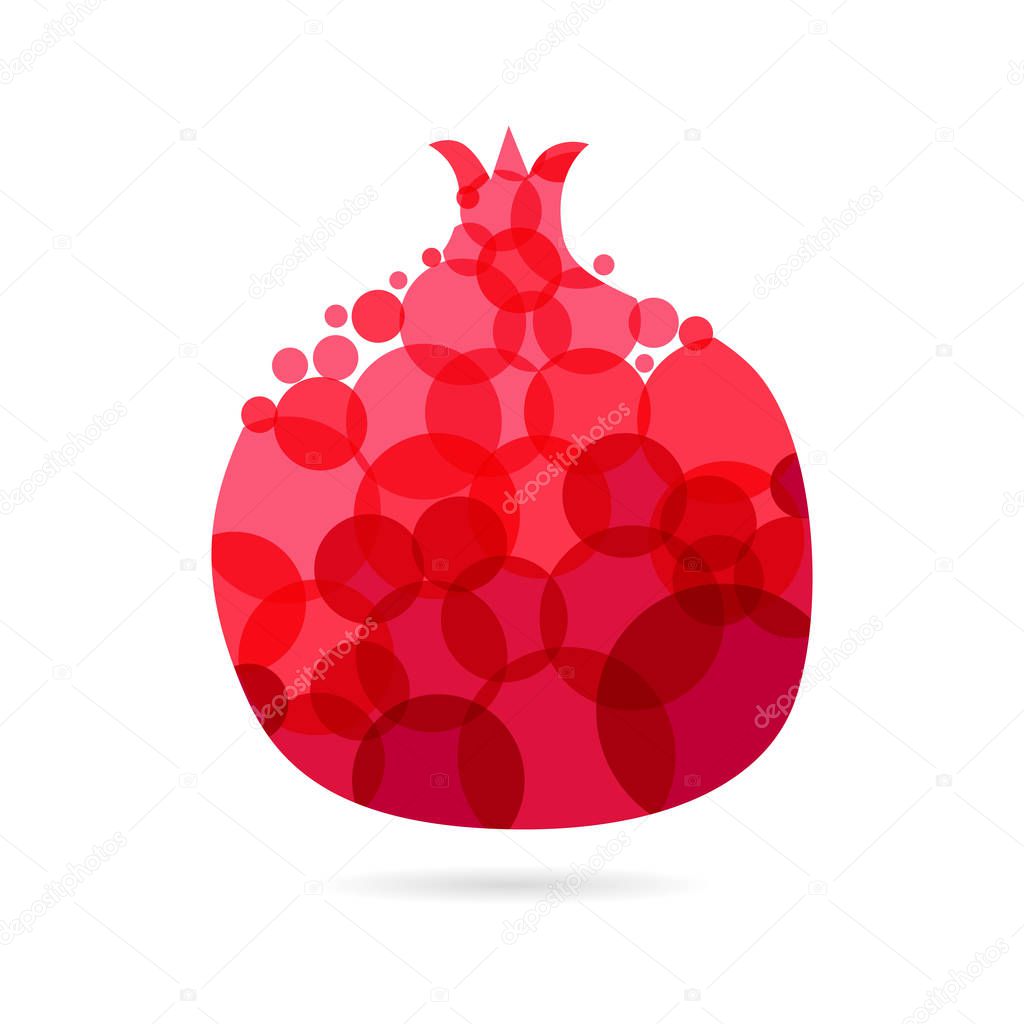 Garnet logotype concept. Round red coloured pomegranate logo idea with bubbles on white background. Isolated abstract graphic design template. Branding identity bright element with transparent effect.