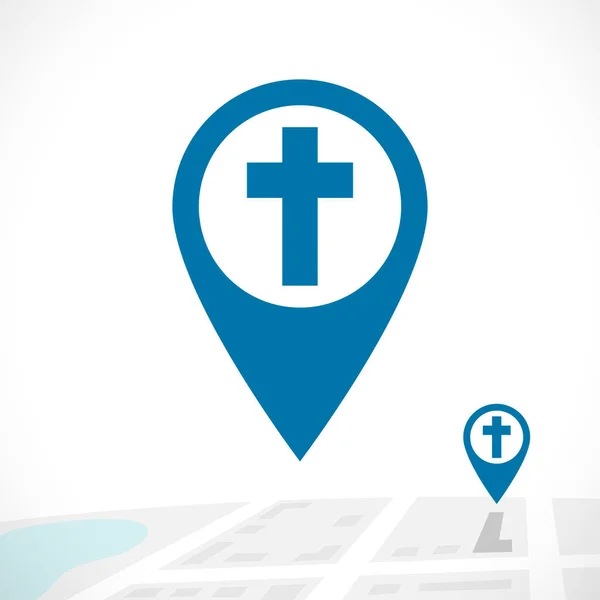 クリスチャンピンアイコン 3Dマップの概念上のクロスシンボルを持つGpsナビゲーション 宗教イベントの場所ロゴタイプ 分離された抽象グラフィックデザインテンプレート 青い色のボタン 白い背景にサイン — ストックベクタ