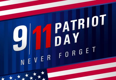 Patriot günü Usa Asla 9.11, lacivert çizgili poster i unutmayın. Vatanseverlik Günü, 11 Eylül, Biz abd bayrağı ile vektör afiş asla unutmayacağım