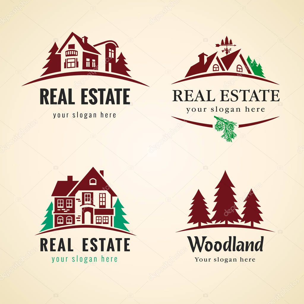 Set of Real Estate, building company and construction group logo vector design. Luxury architecture icons home or wood cottage house concept illustration, pine tree or spruce sign
