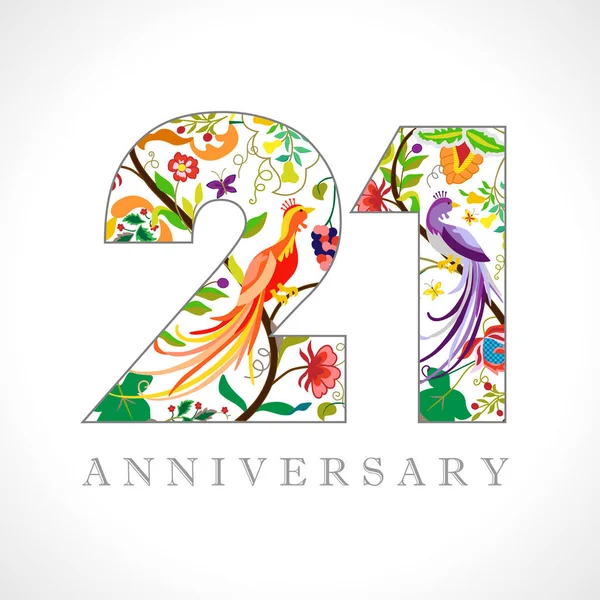 岁徽标 21周年纪念日数字 装饰符号 与孔雀鸟的年龄祝贺 独立抽象图形设计模板 皇家彩色数字 的折扣 — 图库矢量图片