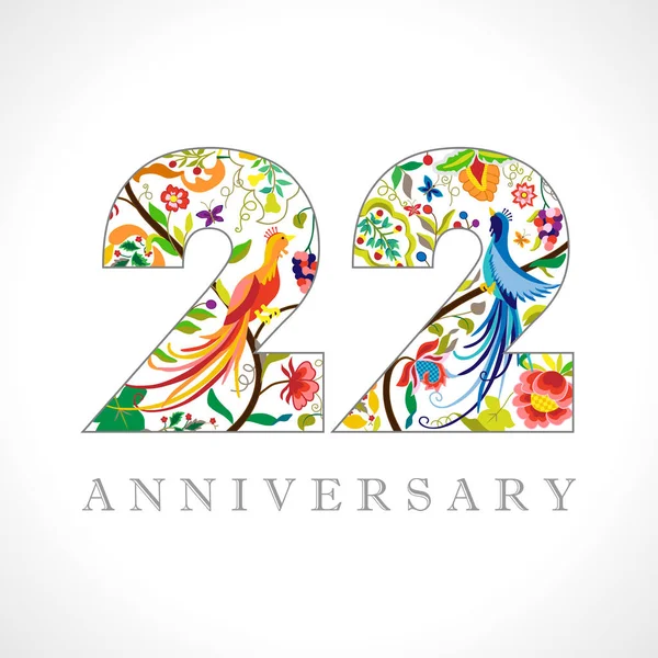 22歳のロゴタイプ 22回目の記念日番号 装飾的なシンボル クジャクの鳥と年齢おめでとう 分離された抽象グラフィックデザインテンプレート ロイヤルカラーの数字 最大22 — ストックベクタ