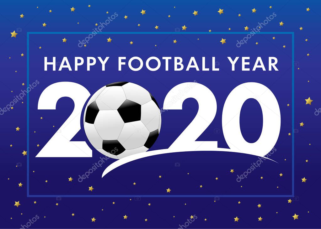 Happy Football Year 2020 text with soccer ball on blue background. Merry Christmas vector illustration with 2 and ball & 20 number, invitation card for winter football tournament
