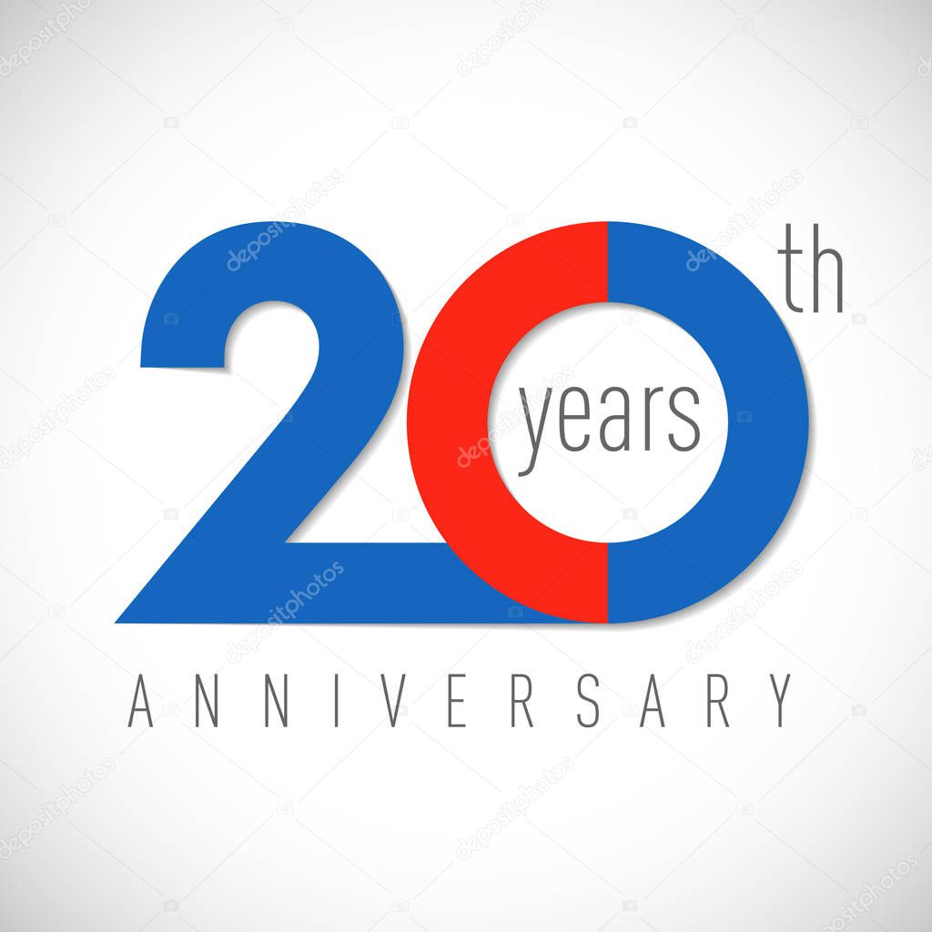 20 th anniversary numbers. 20 years old multicolored logotype. Age congrats, congratulation art idea. Isolated abstract graphic design template. Coloured 2, 0 digits. Up to 20% off discount.