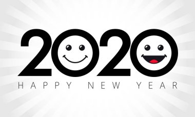 2020 emoji simgeleri logotürü, izole soyut siyah amblem. Mutlu Yıllar gülümseyen ifade tebrik şablonu. 2000 takipçileri numaraları teşekkür ederiz. 2020 mezunları posteri