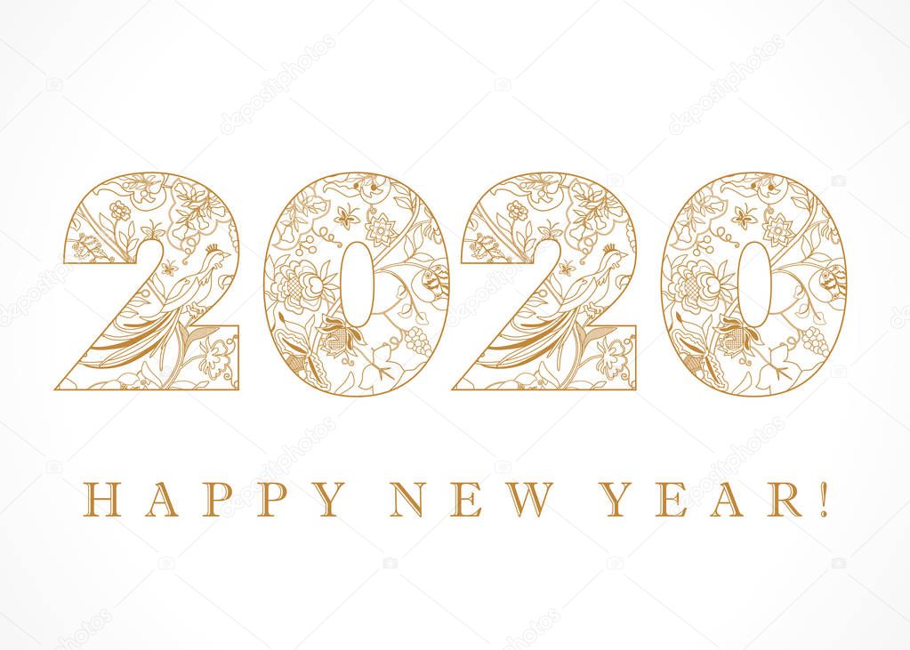 2020 Happy New Year golden luxury folk logo. Happy holidays ethnical traditional gold numbers 2nd, 20th, ethnic flowers, plants, paradise birds. Vector vintage design isolated on white background