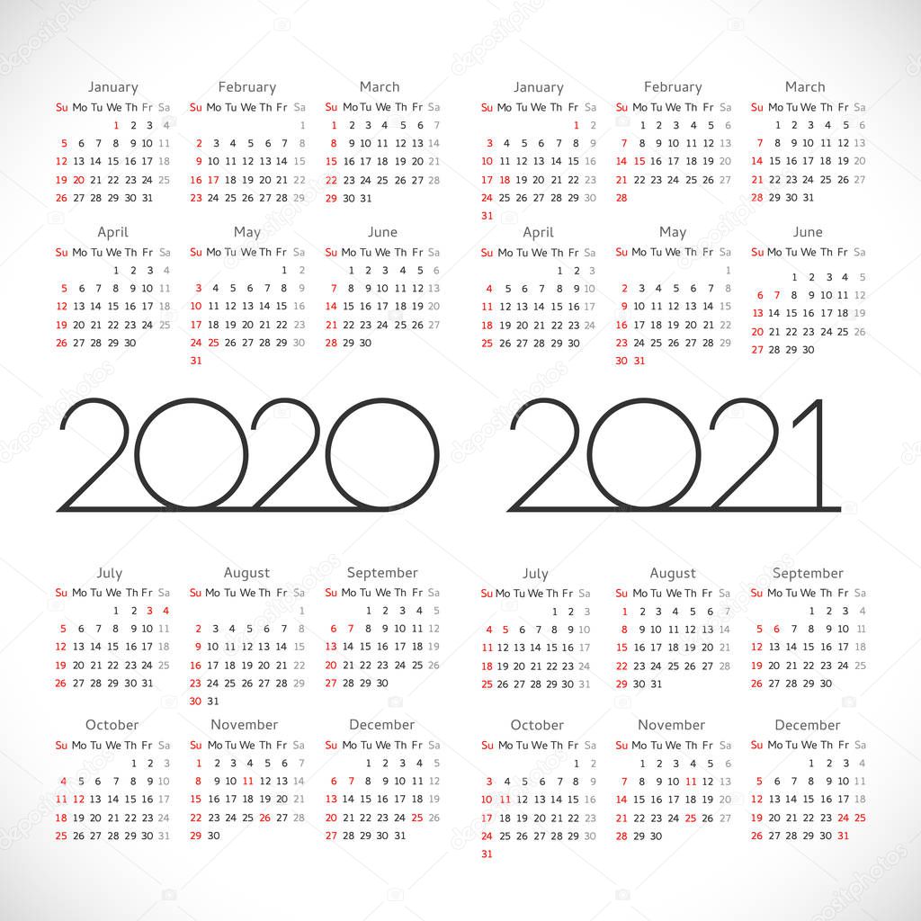 Calendar 2020 - 2021. Square schedule layout. Xmas logotype in minimalism style. Abstract isolated graphic design template. USA holidays. White color background. Calender title, black digits.