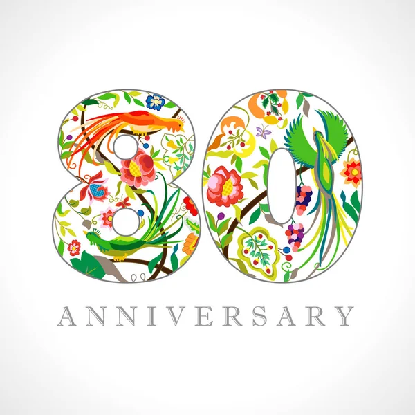 岁徽标 80周年纪念日数字 装饰符号 与孔雀鸟的年龄祝贺 独立抽象图形设计模板 皇家彩色数字 的折扣 — 图库矢量图片