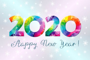 2020 A Happy New Year tebrik kartı. Xmas arka planı aydınlatır. Renkli tatil numaraları ve metin. Vitray logosu. Soyut yalıtılmış grafik tasarım şablonu. Takvim başlığı. Satılık fason rakamlar.