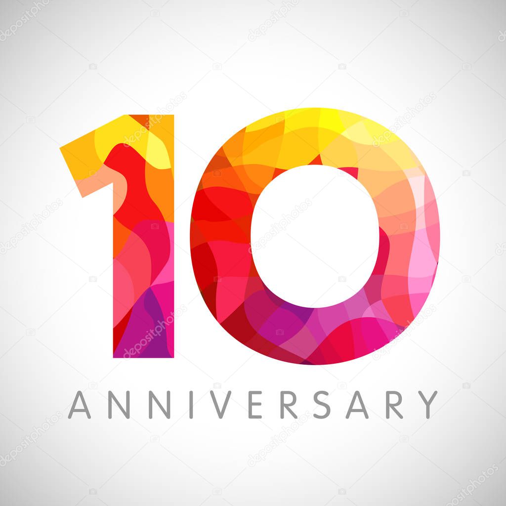 10 th anniversary numbers. 10 years old multicolored logotype. Age congrats, congratulation art idea. Isolated abstract graphic design template. Coloured 1, 0 digits. Up to 10% percent off discount.