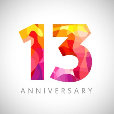 13. yıldönümü numaraları. 13 yaşında, çok renkli logot tipi. Yaş olarak tebrikler, sanat fikrini tebrik ederim. Soyut grafik tasarım şablonu. Renkli 1, 3 haneli. Yüzde 13 'e kadar indirimli. 13. Yıldönümü facet logosu
