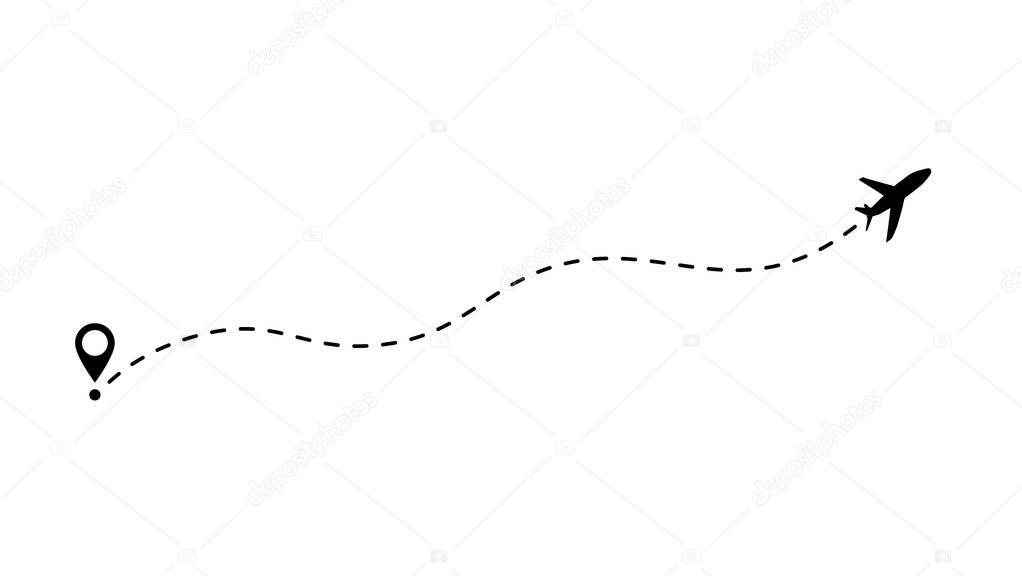 Flight route vector illustration. Airplane line path icon of air plane flight route with start point and dash line trace