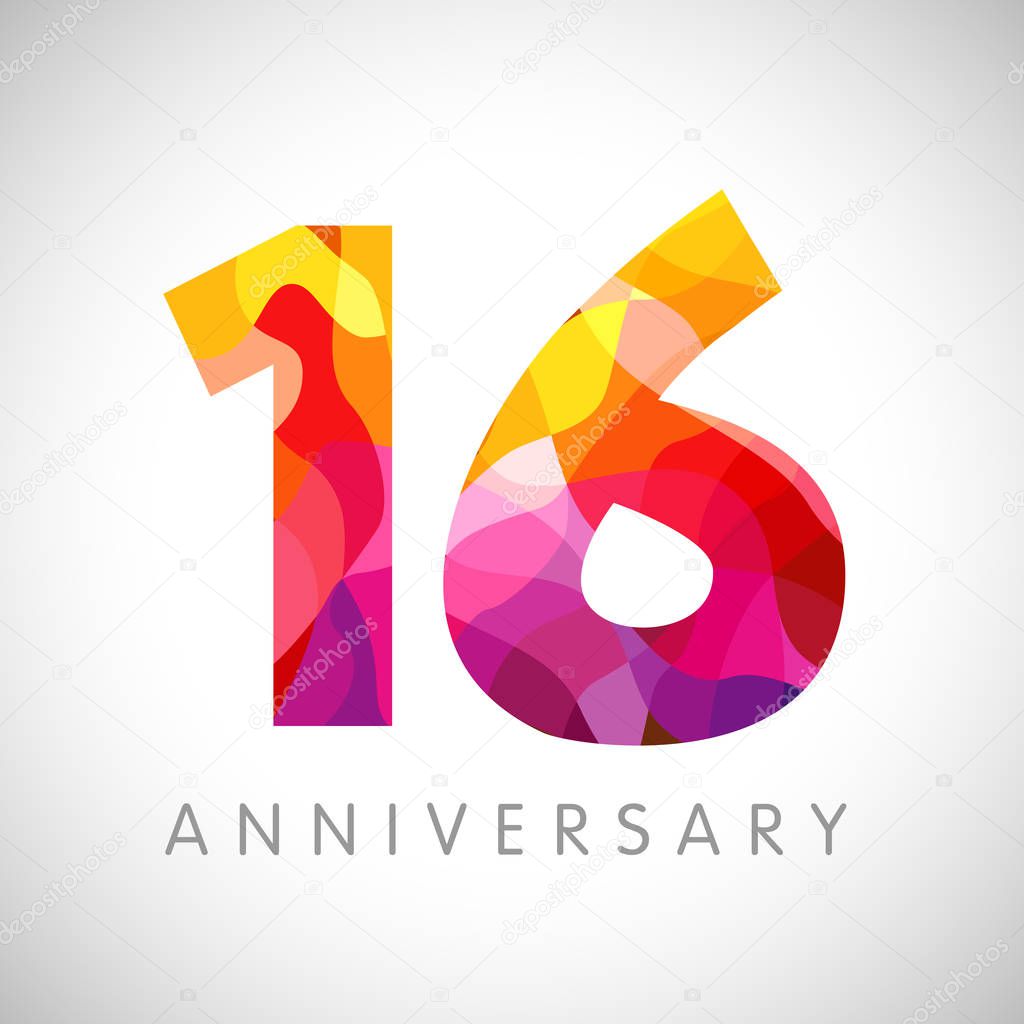 16 th anniversary numbers. 16 years old yellow coloured logotype. Age congrats, congratulation idea. Isolated abstract graphic design template. Creative 6, 1 digits. Up to 16% percent off discount.
