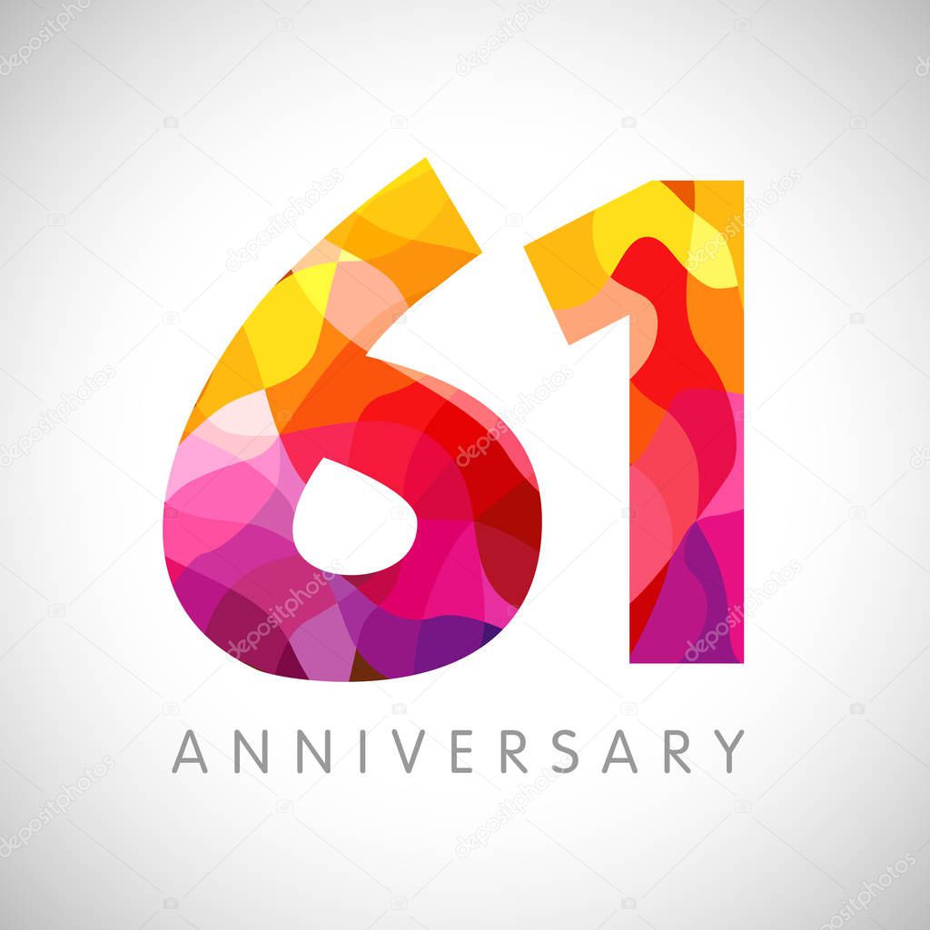 61 st anniversary numbers. 61 years old yellow coloured logotype. Age congrats, congratulation idea. Isolated abstract graphic design template. Creative 1, 6 3D digits. Up to 61% percent off discount.