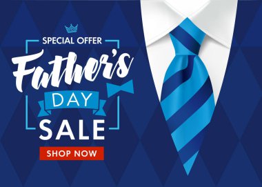 Babalar Günü özel indirimli bayrağı. Babalar Günü indirimi için özel teklif. Mavi vektör tasarımı. Takım elbise ve çizgili kravat.