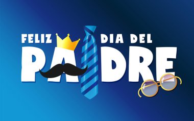 İspanyolca, kravat, taç ve gözlüklü Babalar Günü kartın kutlu olsun. Vektör mavisi çizgili kravat, bıyık ve Babalar Günü indirimi için metin. Dünyanın en iyi babası.