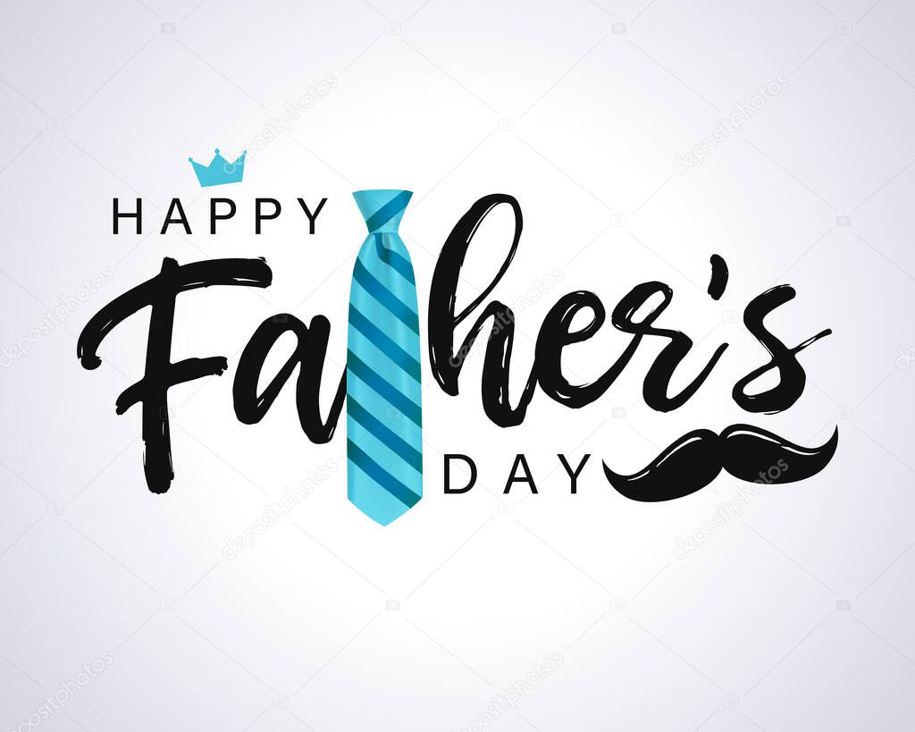 Happy Fathers Day Calligraphy greeting card. Vector illustration. Blue striped tie, mustache and text words for Fathers day special offer sale banner