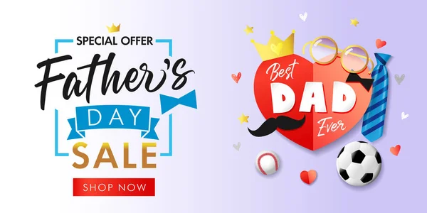 Happy Father Day Sale Χάρτινα Banner Στοιχεία Στέμμα Καρδιά Μουστάκι — Διανυσματικό Αρχείο