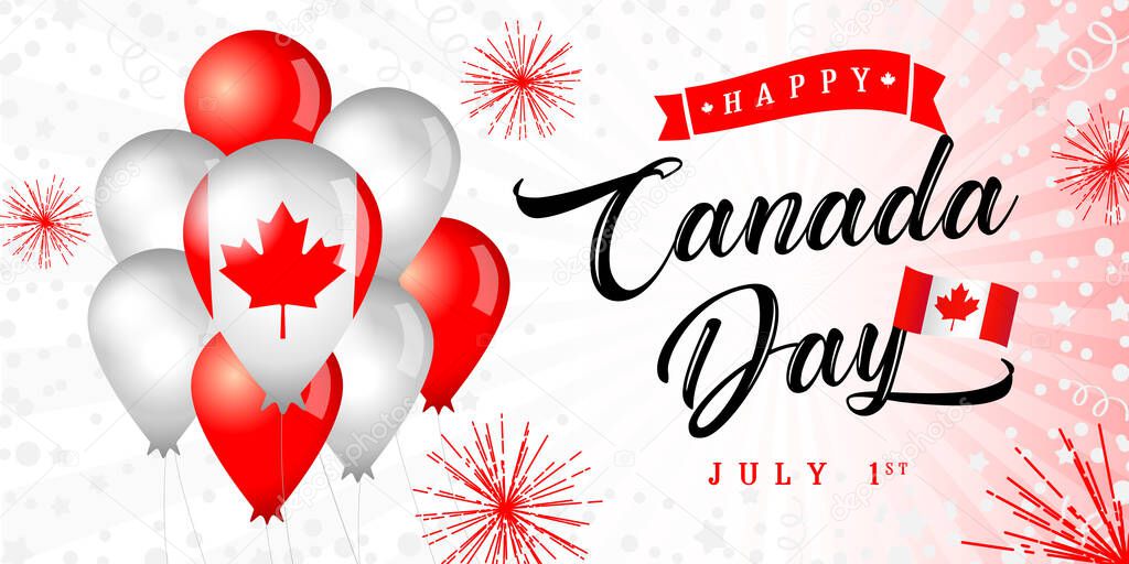 Happy Canada Day greeting banner. Isolated abstract graphic design template. Light, bright colors. Calligraphic lettering. Decorative brush calligraphy, flag balloons. Holiday red and white background