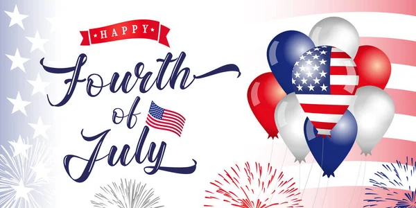 Fourth of July Independence day USA, vintage lettering with balloons, salute & flag. Typography for greeting card, decoration and covering. Concept poster of 4th of July