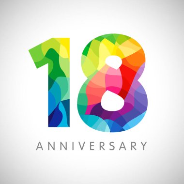 18. yıldönümü numaraları. 18 yaşında bir logoti. Parlak tebrikler. Soyut grafik tasarım şablonu. Yaratıcı 1, 8 işaret 3 boyutlu rakamlar. % 18 'e kadar,% 18 indirimli. Tebrikler konsepti.