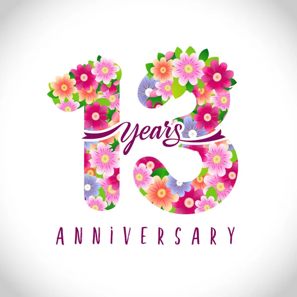 Numéros 13E Anniversaire Logotype Ans Félicitations Florales Roses Modèle Conception — Image vectorielle
