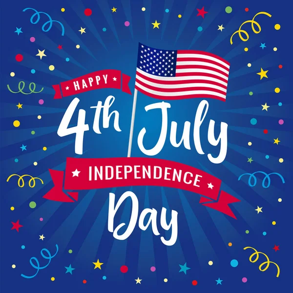 Juillet Happy Independence Day Usa Carte Vœux Rayons Bleus Illustration — Image vectorielle
