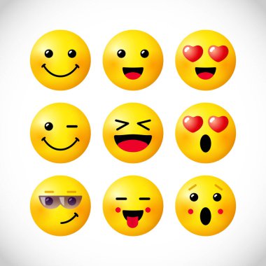 Yaratıcı ifade seti. Soyut grafik tasarım şablonu. İnternet kurye uygulaması üç boyutlu efektli gülümseme simgeleri. Ağ vektör işaretleri, parlak ağ koleksiyonu. Şirin sarı yüzler, eğlenceli tarz semboller..