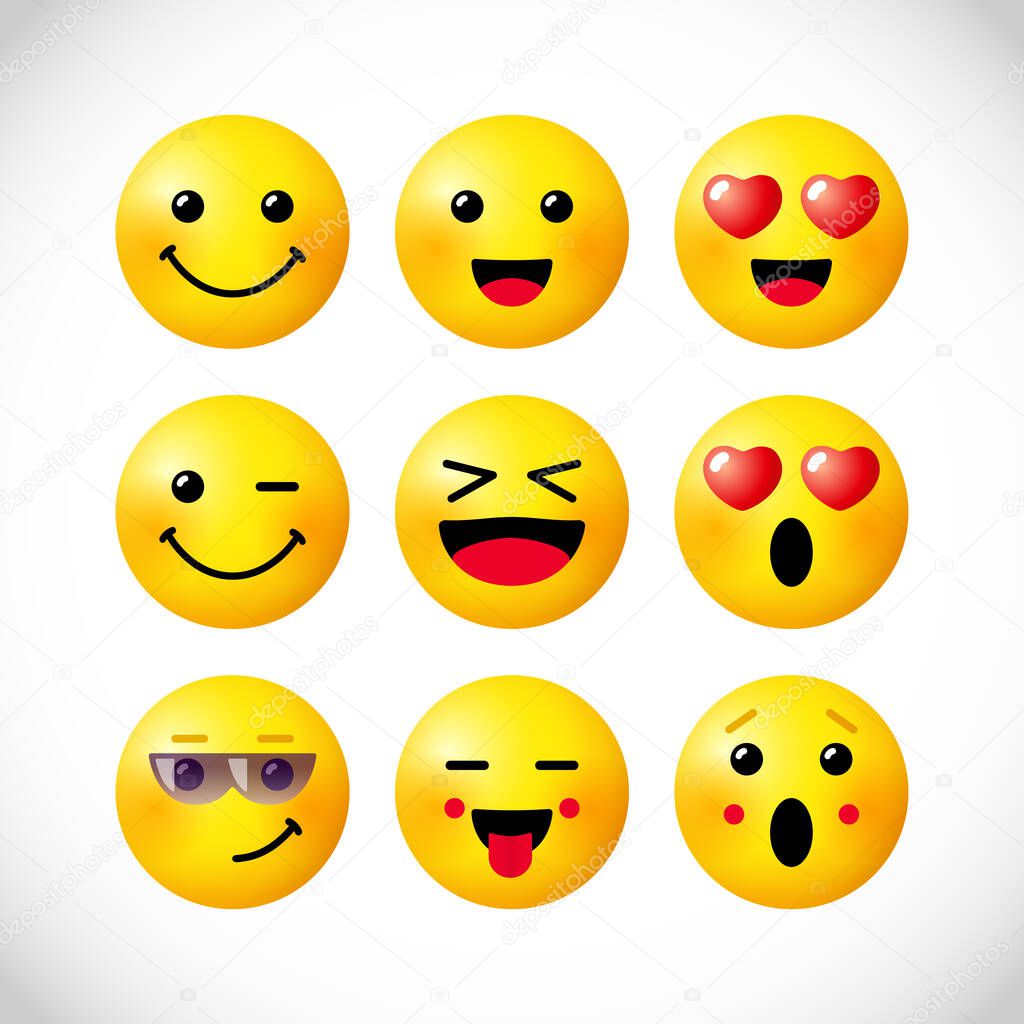 Creative emoticon set. Isolated abstract graphic design template. Internet messenger app smile icons with 3D effects. Network vector signs, bright web collection. Cute yellow faces, fun style symbols.