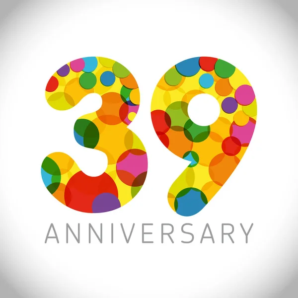 39周年記念番号 39歳のマルチカラーコングレート かわいいお祝いのコンセプト 抽象的なグラフィックデザインテンプレートを分離 年齢の数字 最大39 割引から 装飾記号 — ストックベクタ