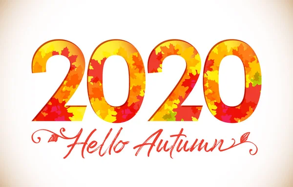 2020年秋季标志 季节性的红色数字 带着矢量面具的创造性祝贺 文件夹 树叶和书信体文字你好 植物元素 孤立的抽象图形设计模板 — 图库矢量图片
