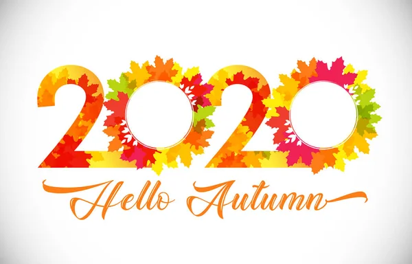2020年秋季标志 季节性假日的数字 带着矢量面具的创造性祝贺 文件夹 树叶和书法文字信件 文字你好秋天 红色植物元素 孤立的抽象图形设计模板 — 图库矢量图片
