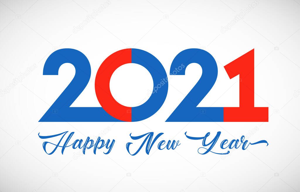 2021 A Happy New Year congrats concept. Classic logotype. Abstract isolated graphic design template. Red, blue, white colors. Decorative calligraphy. Coloured digits. Creative colorful decoration.
