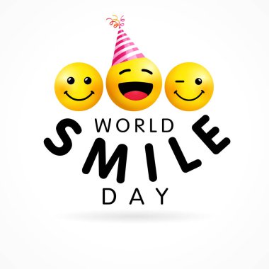 Dünya Gülme Günü tasarım şablonu, 2 Ekim. Mutlu sarı gülümseyen ikonlar ve metin, web pankartı tasarımı. Beyaz arkaplanda vektör simgesi. 3d biçim emoji sevinç simgeleri illüstrasyonu 