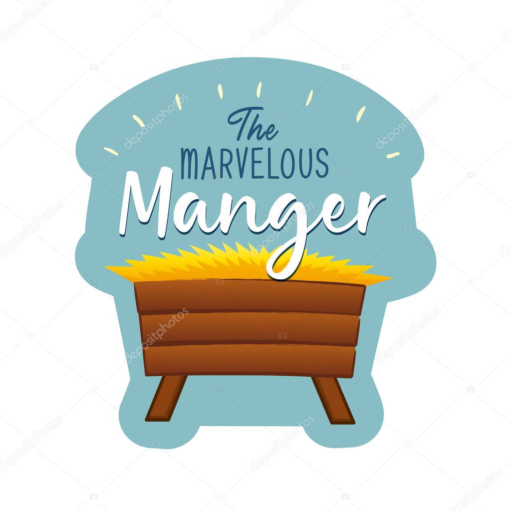 The Marvelous manger banner design with text and manger cradle for baby Jesus, nativity Christmas graphics. Vector illustration with born Christ in Bethlehem