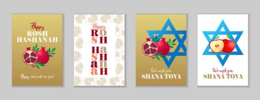 Mutlu Rosh Hashanah, Shana Tova 2025 yaratıcı tebrik kartları seti. Nar ve elmalarla dolu mutlu ve tatlı bir yeni yıl. Yahudi bayramı için poster ya da afiş şablonu. Vektör illüstrasyonu