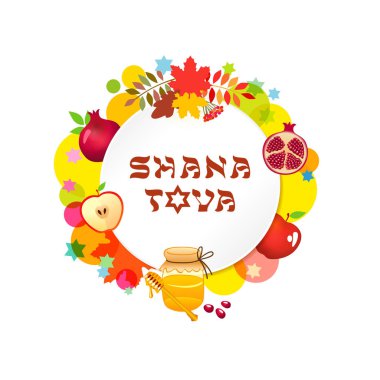 Shana Tova - Happy and sweet year, Jewish New Year wish card. Creative label with 3D graphic elements.