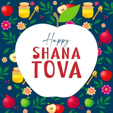 Shana Tova tebrik kartı. Üzerinde bal ve nar desenli büyük elma var. Rosh Hashanah poster şablonu. Yahudi bayramı afişi vektör illüstrasyonu