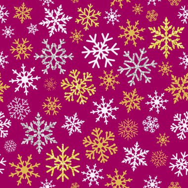 Kusursuz desenli Noel ambalajı kağıdı. Hediye kutusu tasarımı. Kış tatili geçmişi. Sezonun selamları elementleri kutlar. Altın ve gümüş kar taneleriyle mor zemin.