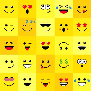 Set of creative square emoticons as seamless pattern. Modern design. Cute background with funny yellow faces. Collection of expressing yellow emoji icons.