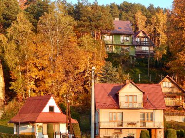 Polonya 'da Roznow Gölü yakınlarındaki pitoresk tepelerin arka planında sonbahar ağaçları arasında evler 10-31-2015                               