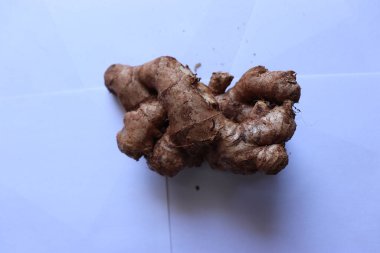 Beyaz arka planda taze zencefil, bitki tıbbi konsepti