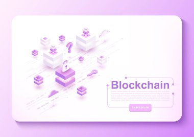 Blok sistemi, küpler ve devre kartı ile vektör izometrik blockchain kavramı banner. Cryptocurrency, bitcoin hareket, dijital para, akıllı sözleşmeler, elektronik iş için internet teknoloji
