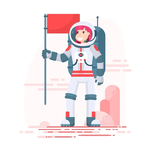 Vektör düz astronot kız kırmızı bayrağı elinde tutan ve Mars'ın bir iniş yapar. Amerikan spacewoman kask ve uzay giysisi, kırmızı gezegendeki ilk kadın kozmonot. Kolonizasyon konsept illüstrasyon
