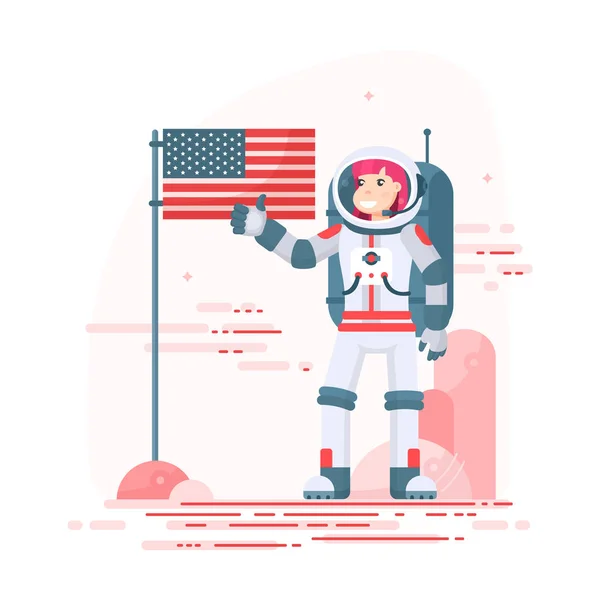 Vector Smiling Astronaut Girl Makes Landing Mars Usa Flag Shows — Stock Vector