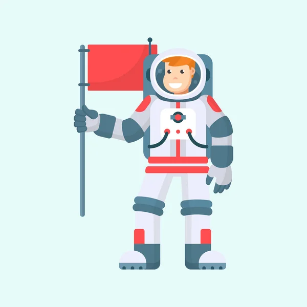 Vektör karikatür gülümseyen astronot kırmızı bayrağı elinde, üzerinde mavi arka plan izole tutar. Spaceman kask ve uzay giysisi, Erkek kozmonot karakter, boşluk explorer veya pilot, düz stil çizimde