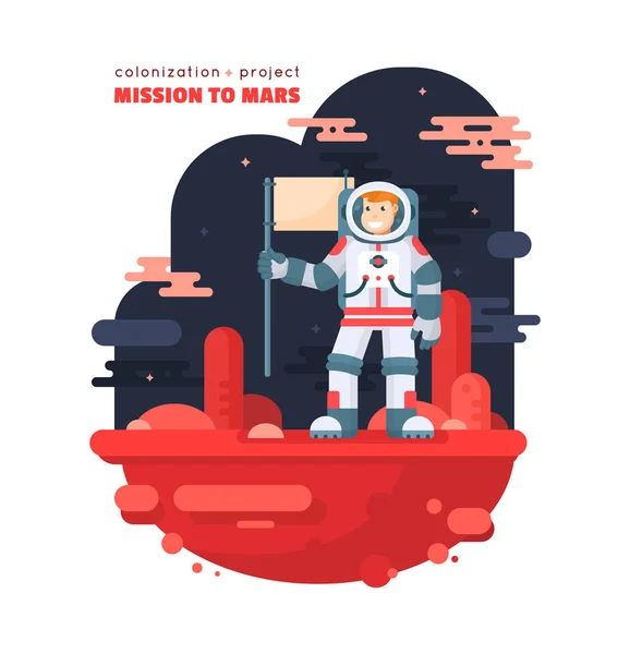 Mars kolonizasyon proje vektör kavramı çizimde düz stil. Astronot uzay giysisi içinde kırmızı gezegen üzerinde duruyor ve bayrağı elinde tutuyor. Uzaylı uzay, renkli Mars peyzaj